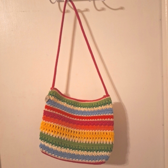 The Sak Handbags - Vintage The Sak Multi Color Striped Crocheted Crossbody Purse Zipper Boho Chic